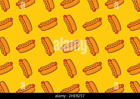 Hot dog modello senza cuciture su sfondo giallo Illustrazione Vettoriale