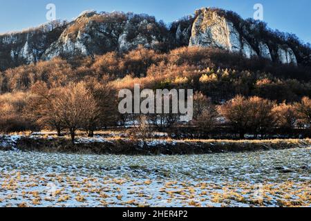 Paesaggio invernale di montagna al tramonto. Il sole che tramonta illumina gli alberi e la roccia. Luce di posizione. Area protetta Vrsatec, Slovacchia. Foto Stock