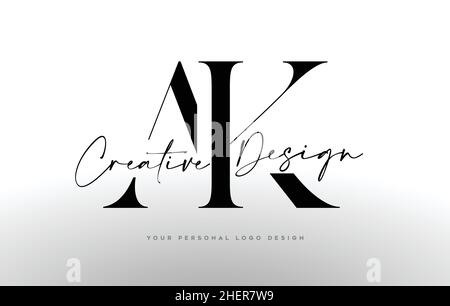 Disegno con logo lettera AK con carattere Serif. AK Icon logo con un'illustrazione grafica vettoriale minimalista con lettere creative unite Illustrazione Vettoriale