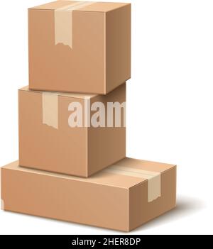 Pacco di scatole per spedizione. Mockup del deposito del carico. Confezioni di cartone Realistick Illustrazione Vettoriale