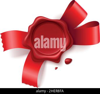 Nastro rosso sigillato con impronta in cera di gomma. Badge bianco realistico Illustrazione Vettoriale