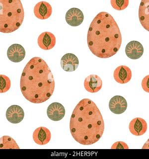 Acquerello disegno a mano boho Pasqua modello senza giunture, beige mutato genere colori neutri, marrone verde khaki Pasqua uova foglie floreali. Sfondo di forme geometriche astratte Foto Stock