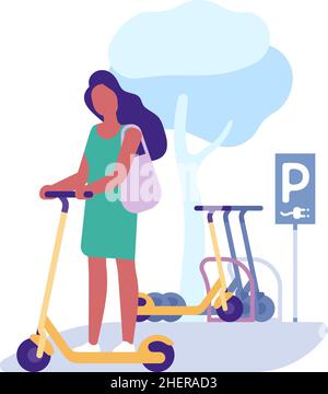 Donna con scooter elettrico sulla stazione di ricarica. Parcheggio per trasporti ecologici Illustrazione Vettoriale