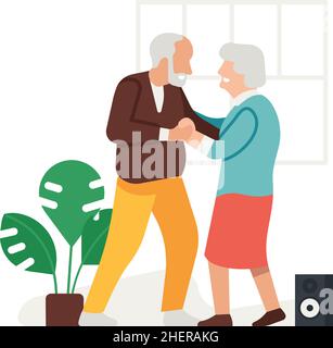 Uomo anziano e donna che ballano insieme. Bella vecchia coppia Illustrazione Vettoriale