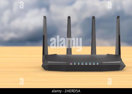 Router internet wireless su tavolo di legno. 3D illustrazione Foto Stock