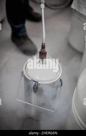 Il tecnico dell'azoto liquido riempie il contenitore criogenico Foto Stock