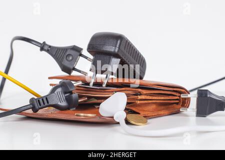Cavi di alimentazione elettrica cavo con spine inserite nel portafoglio aperto. Pagamento di bollette elettriche. Aumento del costo dell'elettricità e dell'energia costosa Foto Stock