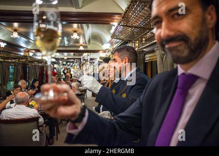 Drink di benvenuto con champagne nel lussuoso treno al-Andalus che viaggia intorno all'Andalusia Siviglia Spagna. Il treno al Andalus effettua un tour di 7 giorni e 6 n Foto Stock