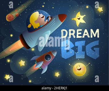 Carino ragazza astronauta guida astronave Dream Big Illustrazione Vettoriale