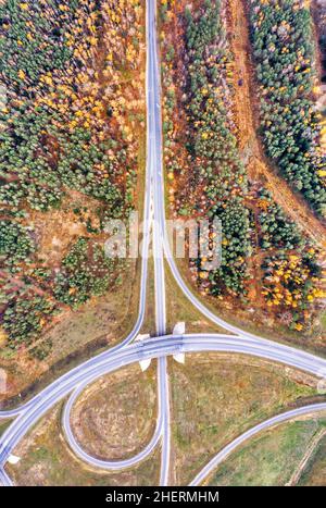 Veduta aerea strada nella splendida foresta autunno. Bel paesaggio con strada rurale vuota, alberi con foglie rosse e arancioni. Autostrada attraverso il parco. Foto Stock