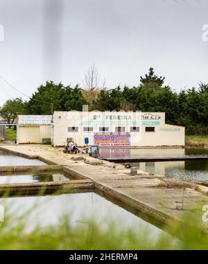 La barre de Monts, Francia, 28 settembre 2020: Facciata della società Pereira produttore in venditore di ostriche e cozze nel parco ostriche della villa Foto Stock