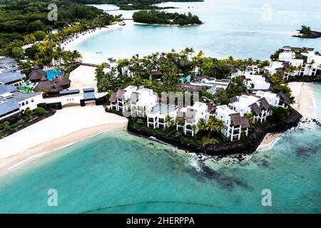 Vista aerea, baia vicino Grand Port, Hotel Shangri-la Touessrok, ile Chat, il aux Cerfs, Flacq, Mauritius Foto Stock