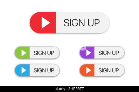 Pulsanti di registrazione. Iscriviti pulsanti colorati con campana e icone di gioco isolato Illustrazione Vettoriale