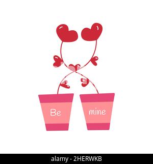 Due vasi di fiori. Le piante sono intrecciate l'una con l'altra. Fioritura a forma di cuore. Testo essere mio. San Valentino. Febbraio 14th. Vettore colorato Illustrazione Vettoriale