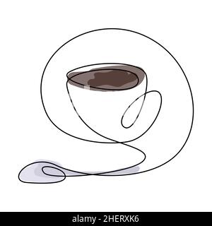 Disegno continuo della tazza di caffè con cucchiaio. Schizzo colorato. Illustrazione vettoriale Illustrazione Vettoriale