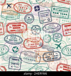 Francobolli Passport senza cuciture. Vector passaporto timbro vintage stile texture. Motivo retrò da viaggio senza cuciture. Illustrazione Vettoriale