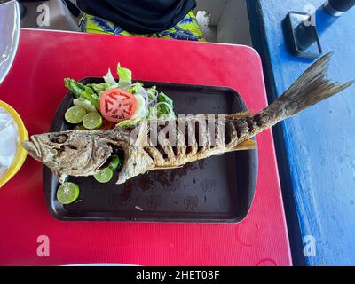 Pesce Curvina, branzino fritto in un ristorante di pesce e frutti di mare sulla spiaggia di Kino Bay, sonora. (Foto di Luis Gutierrez / NortePhoto) Pescado curvina, corvina frita en restaurante de pescados y mariscos en la baia di playa Kino, sonora. (Foto di Luis Gutierrez / NortePhoto) Foto Stock