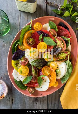 Insalata caprese fatta in casa su tavola rustica Foto Stock