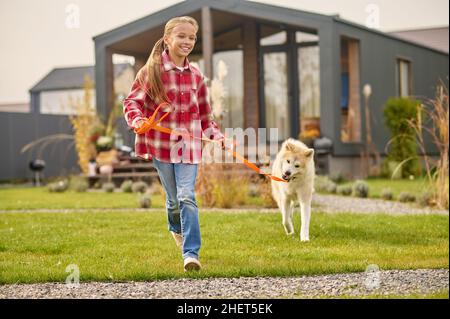 Ragazza che corre con shiba inu cane al guinzaglio sul prato Foto Stock