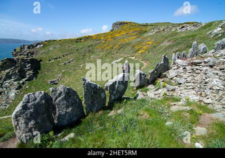 Regno Unito, Inghilterra, Devonshire. Pietre di confine neolitico a Prawle Point, South West Coastal Path nel distretto di South Hams di Devon. Foto Stock