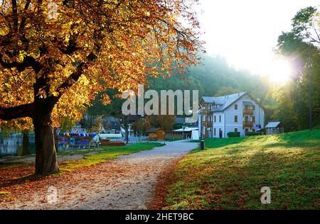 Colori autunnali al Bled Resort, Slovenja, Europa Foto Stock