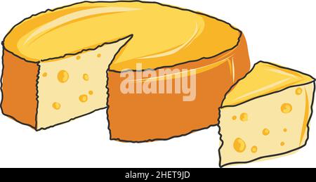 Una fetta di formaggio italiano con un blocco di formaggio intero. Formaggio svizzero o formaggio emmental di colore piatto formaggio isolato su sfondo bianco, chee tirato a mano Illustrazione Vettoriale