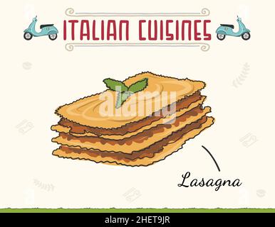 Piatto di lasagna italiana servito e basilico in cima. Cucina italiana colorata di stile al forno, piatto Lasagna. Illustrazione del vettore isolato di colore minimo. Illustrazione Vettoriale