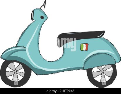 Scooter blu luminoso isolato, vista laterale. Un veicolo da viaggiare. Bici carina. Disegno vettoriale piatto della motocicletta. Isolato di colore minimo Illustrazione Vettoriale