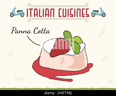 Panna cotta dessert isolato su sfondo bianco. Immagine vettoriale di un gustoso e bellissimo piatto italiano con fragole come Cheesecake. Illustrazione Vettoriale