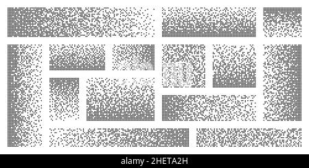 Disintegrazione pixel, effetto decadimento. Vari elementi rettangolari di forma rotonda. Pattern punteggiato disperso. Texture mosaico con particelle semplici Illustrazione Vettoriale