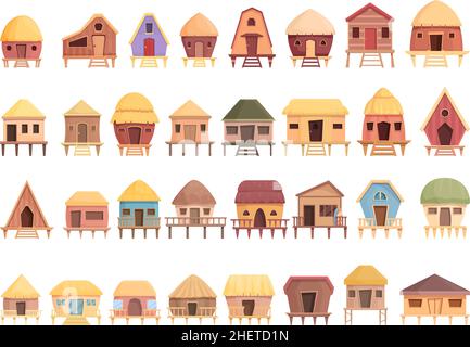 Le icone dei bungalow impostano il vettore dei cartoni animati. Appartamento africano. Cottage in cabina Illustrazione Vettoriale