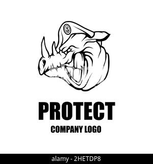 Modello di design del logo vettoriale della società di sicurezza. Logo di protezione. Rhino in uniforme. Logo icona design. Illustrazione Vettoriale