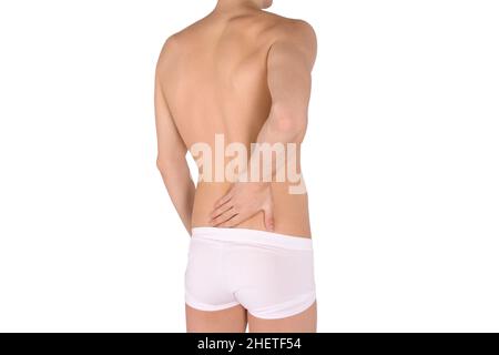 Mal di schiena. Concetto di mal di schiena, uomo che soffre di mal di schiena, zona infiammata rossa. Dolore nel corpo dell'uomo con puntini rossi isolati su sfondo bianco. Giunto Foto Stock