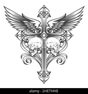 Tatuaggio di Croce con ali e scafi disegnati in stile incisione. Illustrazione vettoriale. Illustrazione Vettoriale