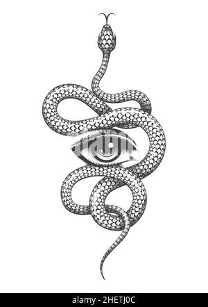 Tatuaggio di occhio e serpente. Simbolo di saggezza disegnato a mano. Illustrazione vettoriale. Illustrazione Vettoriale