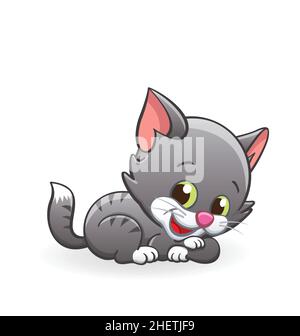 Carino sorridente grigio a righe cartoon kitten gatto personaggio sdraiato vettore isolato su sfondo bianco Illustrazione Vettoriale