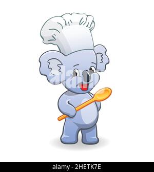 carino sorridente australiano cuoco cuoco koala con cucchiaio di legno e chef cappello cartoon vettore personaggio isolato su sfondo bianco Illustrazione Vettoriale