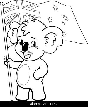 Divertimento Happy Aussie koala orso cartoon personaggio in piedi tenendo bandiera australiana per colorazione in vettore libro isolato su sfondo bianco Illustrazione Vettoriale