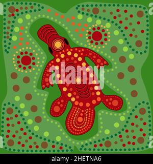 Platypus in stile aborigeno australiano. Australia sfondo di arte indigena con punti. Flangia di trazione etnica decorativa. Aboriginal tribal art craft.Vector Illustrazione Vettoriale