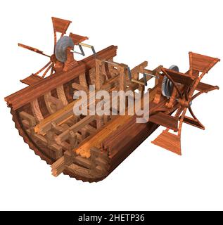 3D rappresentazione Illustrazione di Leonardo da Vinci desing e invenzione di un prototipo di barca a paddle. Foto Stock