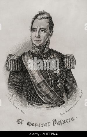 Juan Palarea Blanes, il cosiddetto 'El Médico' (battezzato 1780-1842). Militare spagnolo. Maresciallo di campo e guerriglia leader durante la Guerra Peninsulare. Prese parte alla prima guerra dei carlista. Verticale. Illustrazione di Antonio Gómez. Incisione di José Gómez. Panorama Español, Crónica Contemporánea. Volume III. Madrid, 1845. Foto Stock