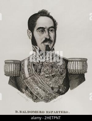 Joaquín Baldomero Fernández-Espartero Alvarez de Toro (1793-1879), chiamato Baldomero Espartero. Militare e politico spagnolo. Servì come Reggente di Spagna. Verticale. Illustrazione di Miranda. Incisione di Pedro Celestino Maré. Panorama Español, Crónica Contemporánea. Volume III. Madrid, 1845. Foto Stock