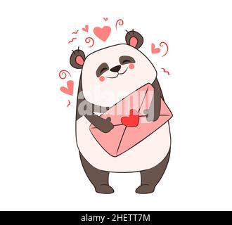 Divertente panda tiene in zampe una lettera rosa con un cuore.San Valentino's Day.Vector illustrazione, scarabeo, schizzo, congratulazioni, cartone animato Illustrazione Vettoriale