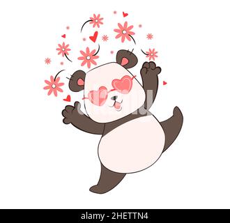 Il panda lancia fiori, cuori e vortici. San Valentino. Illustrazione vettoriale, scarabocchio, schizzo, congratulazioni, cartone animato Illustrazione Vettoriale