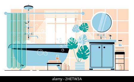 Bagno accogliente illustrazione vettoriale interno. Home oggetti interni. Illustrazione vettoriale in stile piatto. Illustrazione Vettoriale