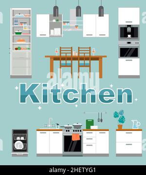 Cucina con mobili. Accogliente cucina interna con tavolo, piano cottura, armadio, piatti e frigorifero. Modello di disegno grafico vettoriale Illustrazione Vettoriale