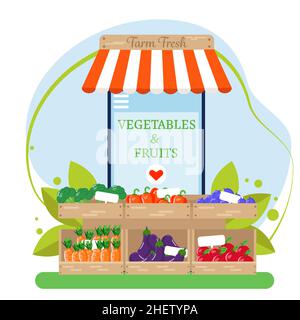 Telefono cellulare con tenda e chiosco con prodotti freschi della fattoria. Verdura e frutta ecocompatibili. Illustrazione vettoriale in stile piatto. Illustrazione Vettoriale