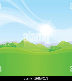 bellissimi prati con montagne in lontananza su sfondo vettoriale cielo blu luminoso giorno di sole Illustrazione Vettoriale