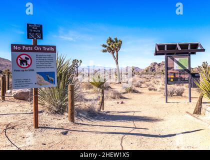 San Bernardino County, CA, USA - 5 gennaio 2022: Cartello Trailhead presso il Boy Scout Trail nel Joshua Tree National Park, San Bernardino County, CA. Foto Stock