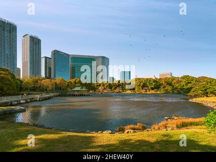 tokyo, giappone - aprile 09 2021: Shiori-no-ike stagno di marea di acqua di mare nei Giardini di Hama-rikyū attraversata dal ponte Otsutai-bashi e Nakajima, Tsubame A. Foto Stock